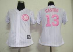 MLB Chicago Cubs 13# Castro White Women Jerseys Pink strip