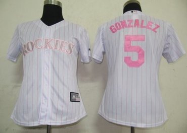 Women Jerseys Colorado Rockies 5 Gonzalez White(Pink strip)
