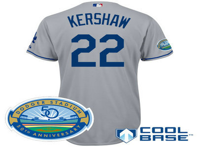 Los Angeles Dodgers 22 Clayton Kershaw grey Cool Base Jersey wDodger Stadium 50th Anniversary Patch Los Angeles Dodgers 22 Clayton Kershaw grey Cool Base Jersey wDodger Stadium 50th Anniversary Patch