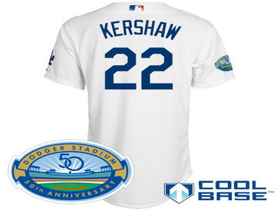 Los Angeles Dodgers 22 Clayton Kershaw white Cool Base Jersey wDodger Stadium 50th Anniversary Patch Los Angeles Dodgers 22 Clayton Kershaw white Cool Base Jersey wDodger Stadium 50th Anniversary Patch