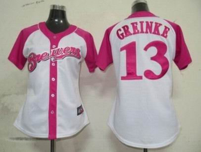 2012 Women Pink Splash Fashion Jersey by Majestic Milwaukee Brewers 13 Zack Greinke white jerseys