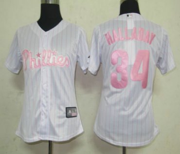 Women Jerseys Philadephia Phillis 34 Halladay white (Pink strip)