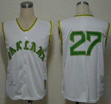 Oakland Athletics 27 Catfish Hunter White 1968 Throwback Vest Jerseys Oakland Athletics 27 Catfish Hunter White 1968 Throwback Vest Jerseys