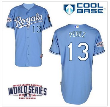 Royals #13 Salvador Perez Light Blue Cool Base W 2014 World Series Patch Baseball Jersey