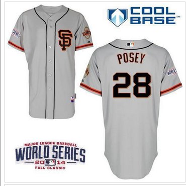 Giants #28 Buster Posey Grey Cool Base Road 2 W 2014 World Series Patch Stitched Baseball Jersey