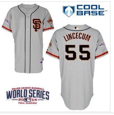 Giants #55 Tim Lincecum Grey Cool Base Road 2 W 2014 World Series Patch Stitched Baseball Jersey