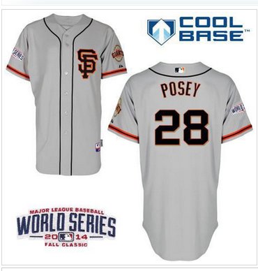 Giants #28 Buster Posey Grey Road 2 Cool Base W 2014 World Series Patch Stitched Youth Baseball Jersey