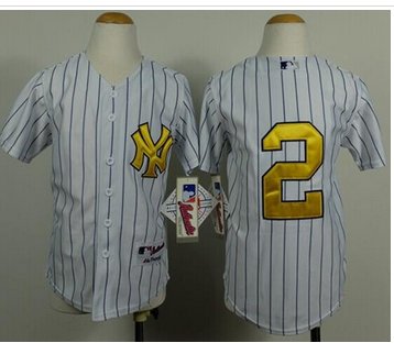 Youth MLB Yankees #2 Derek Jeter White Fashion Gold Jersey