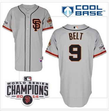 Giants #9 Brandon Belt Grey Road 2 Cool Base W 2014 World Series Champions Patch MLB Jersey