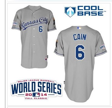 Royals #6 Lorenzo Cain Grey Cool Base W 2014 World Series Patch Stitched Baseball Jersey
