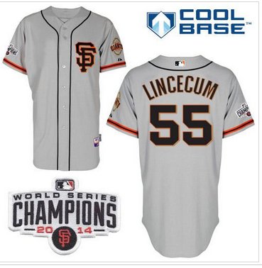 Giants #55 Tim Lincecum Grey Road 2 W 2014 World Series Champions Patch Stitched Baseball Jersey