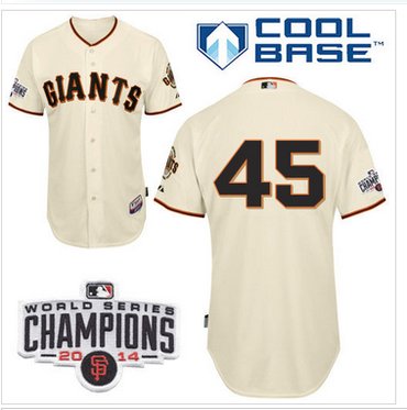 Giants #45 Travis Ishikawa Cream Home Cool Base W 2014 World Series Champions Patch MLB Jersey
