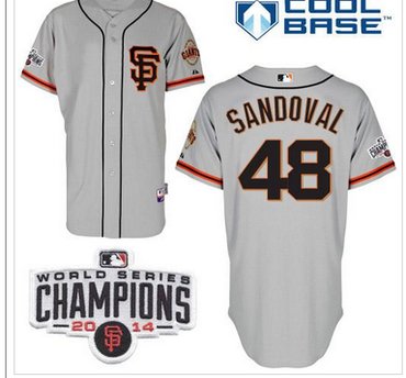 Giants #48 Pablo Sandoval Grey Road 2 W 2014 World Series Champions Patch Stitched Baseball Jersey