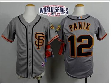 Youth MLB Giants #12 Joe Panik Grey Road 2 Cool Base W 2014 World Series Patch Baseball Jersey