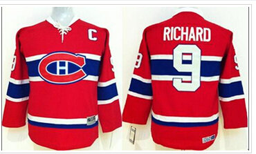 Youth NHL Canadiens #9 Maurice Richard Red CCM Throwback Stitched Jersey
