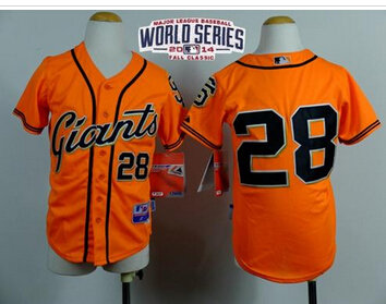 Youth Baseball Giants #28 Buster Posey Orange W 2014 World Series Patch Stitched Jersey
