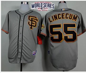 Giants #55 Tim Lincecum Grey Cool Base Road 2 W 2014 World Series Patch Stitched Baseball Jersey