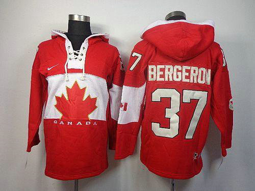 Team Canada Olympic #37 Patrice Bergeron Red Sawyer Hooded Sweatshirt Stitched NHL Jersey