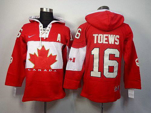 Team Canada Olympic #16 Jonathan Toews Red Sawyer Hooded Sweatshirt Stitched NHL Jersey