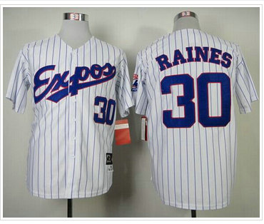 Montreal Expos #30 Tim Raines White Blue Strip Mitchell and Ness 1982 Throwback Baseball Jersey