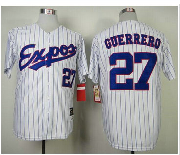 Montreal Expos #27 Vladimir Guerrero White Blue Strip Mitchell and Ness 2000 Throwback Baseball Jersey