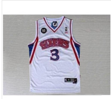Philadelphia 76ers #3 Allen Iverson White Reebok 10TH Throwback Stitched NBA Jersey
