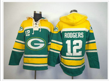 Green Bay Packers #12 Aaron Rodgers Green Sawyer Hooded Sweatshirt Stitched Jersey