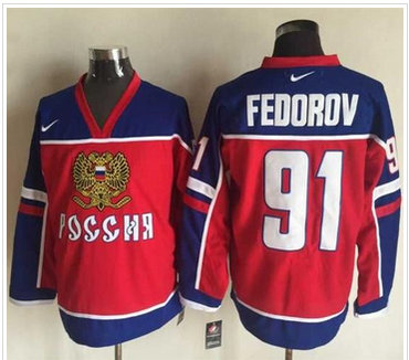 Detroit Red Wings #91 Sergei Fedorov Red Blue Nike Stitched NHL Jersey
