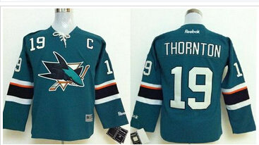 Youth NHL Sharks #19 Joe Thornton Green Stitched Jersey