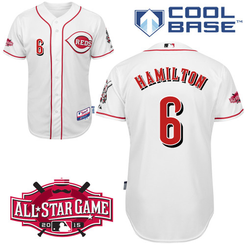 Cincinnati Reds #6 Hamilton Authentic Personalized Home White Jersey w2015 All-Star Patch