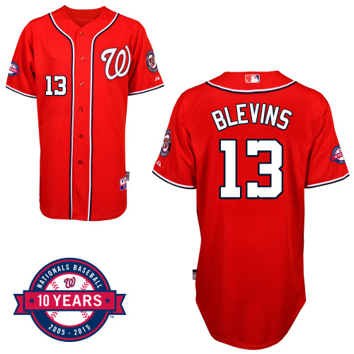Washington Nationals#13 Blevins Authentic Personalized Alternate red Jersey 10th Anniversary Patch
