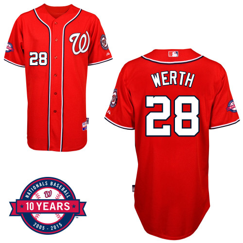 Washington Nationals#28 Werth Authentic Personalized Alternate red Jersey 10th Anniversary Patch