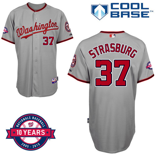 Washington Nationals #37 Strasburg Authentic Personalized Road Gray Jersey 10th Anniversary Patch
