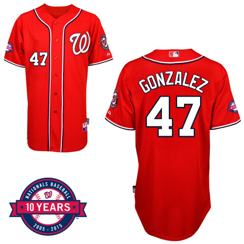 Washington Nationals#47 Gonzalez Authentic Personalized Alternate red Jersey 10th Anniversary Patch