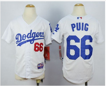 Youth Los Angeles Dodgers #66 Yasiel Puig White Cool Base Stitched Baseball Jersey