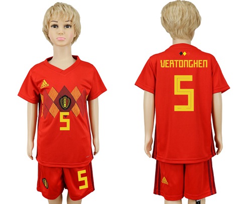 2018 World Cup Belgium #5 Vertonghen Red Home Kid Soccer Country Jersey