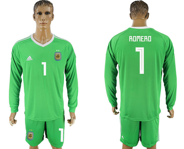 2018 World Cup Men Argentina #1 Romero Home Long Sleeves Green Soccer Country Jersey