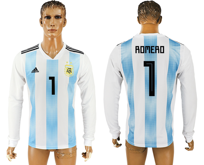 2018 World Cup Men Argentina #1 Romero Home Long Sleeves Soccer Country Jersey