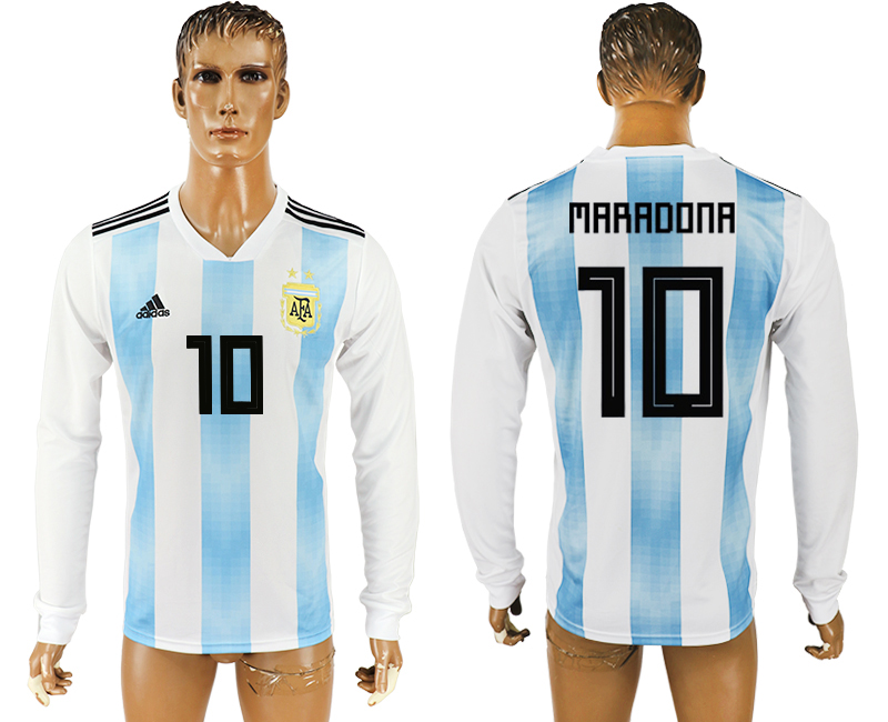 2018 World Cup Men Argentina #10 Maradona Home Long Sleeves Soccer Country Jersey