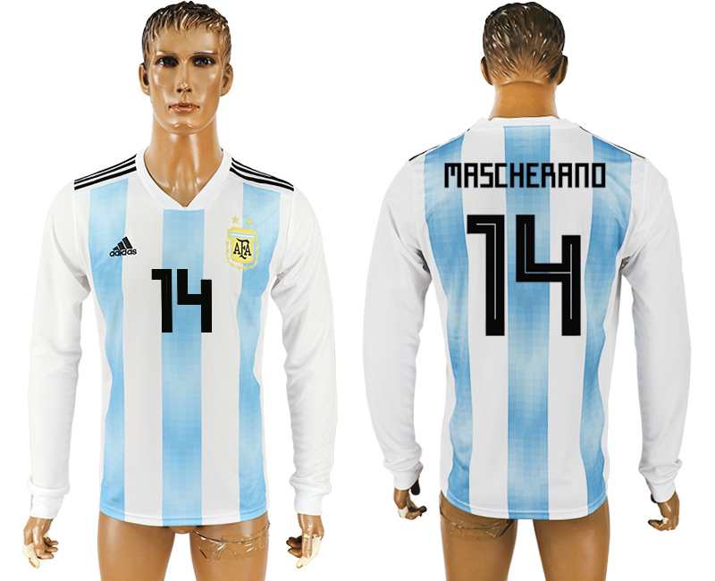 2018 World Cup Men Argentina #14 Mascherano Home Long Sleeves Soccer Country Jersey