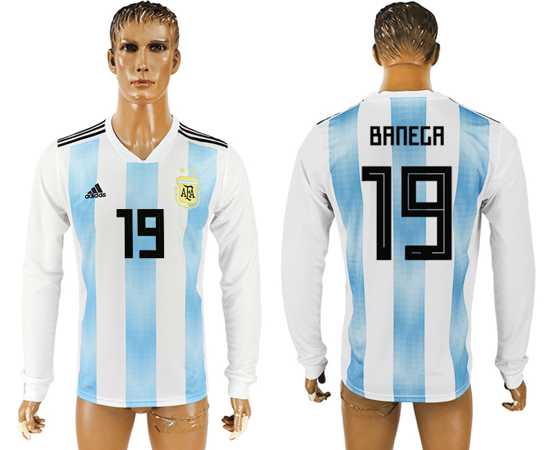 2018 World Cup Men Argentina #19 Banega Home Long Sleeves Soccer Country Jersey