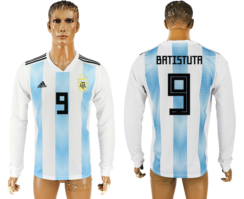 2018 World Cup Men Argentina #9 Batistuta Home Long Sleeves Soccer Country Jersey