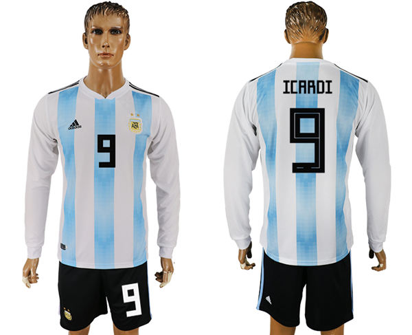 2018 World Cup Men Argentina #9 Icardi Home Long Sleeves Soccer Country Jersey