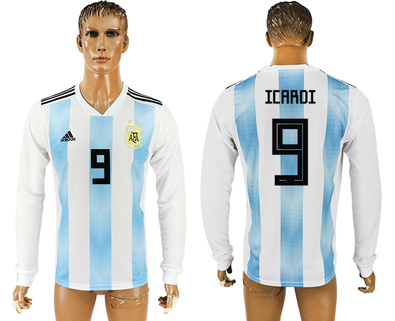 2018 World Cup Men Argentina #9 Icardi Home Long Sleeves Soccer Country Jersey
