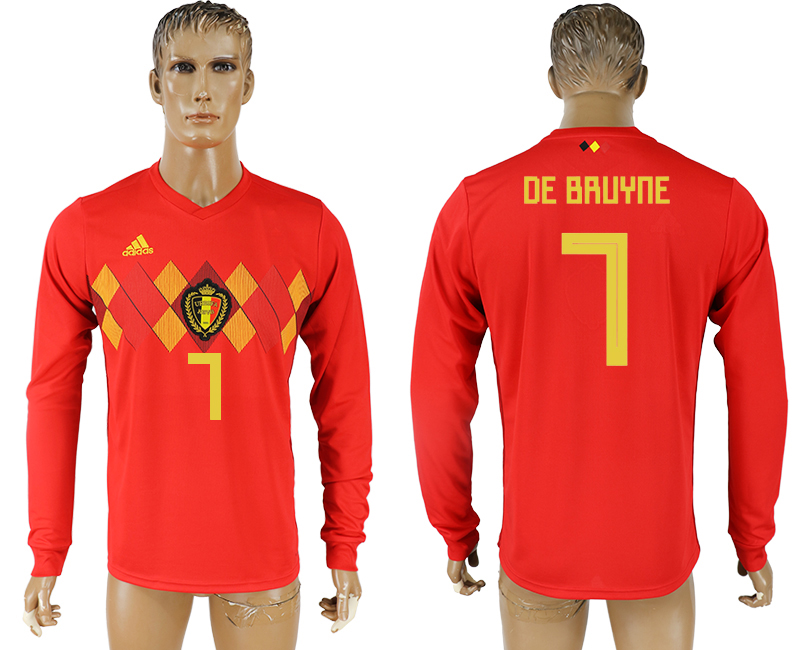 2018 World Cup Men Belgium #7 De Bruyne Red Home Long Sleeves Soccer Country Jersey