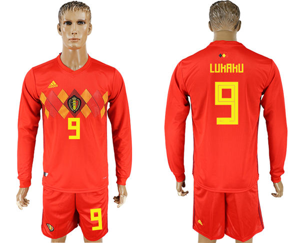 2018 World Cup Men Belgium #9 Lukaku Red Home Long Sleeves Soccer Country Jersey