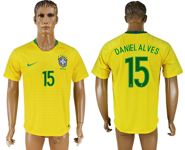 2018 World Cup Men Brazil #15 Daniel Alves Home Soccer Country Jersey