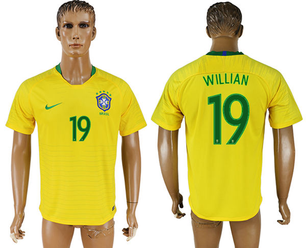 2018 World Cup Men Brazil #19 Willian Home Soccer Country Jersey