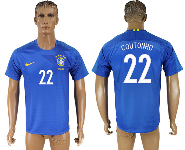 2018 World Cup Men Brazil #22 Coutinho Home Blue Soccer Country Jersey