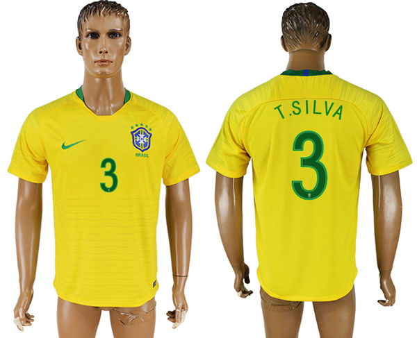 2018 World Cup Men Brazil #3 T.Silva Home Soccer Country Jersey